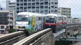 ゆいレールおもろまち駅てだこ浦西行き出発と那覇空港行き到着 Okinawa Urban Monorail trains departing and arriving at Omoromachi Sta