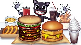 Mukbang Animation 4Patty Buger & Fish Buger set Catoon cat 먹방 애니메이션 4패티 버거와 피쉬 버거 세트를 먹는 카툰 캣