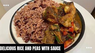 Rice and peas with beef sauce