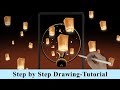 Sky Lanterns Kongming Lanterns Window View iPad Procreate Drawing - Step by Step Drawing Tutorial