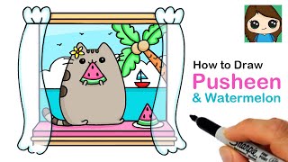 How to Draw Pusheen Eating Watermelon on Vacation 🍉🏝 Summer Art Series #9