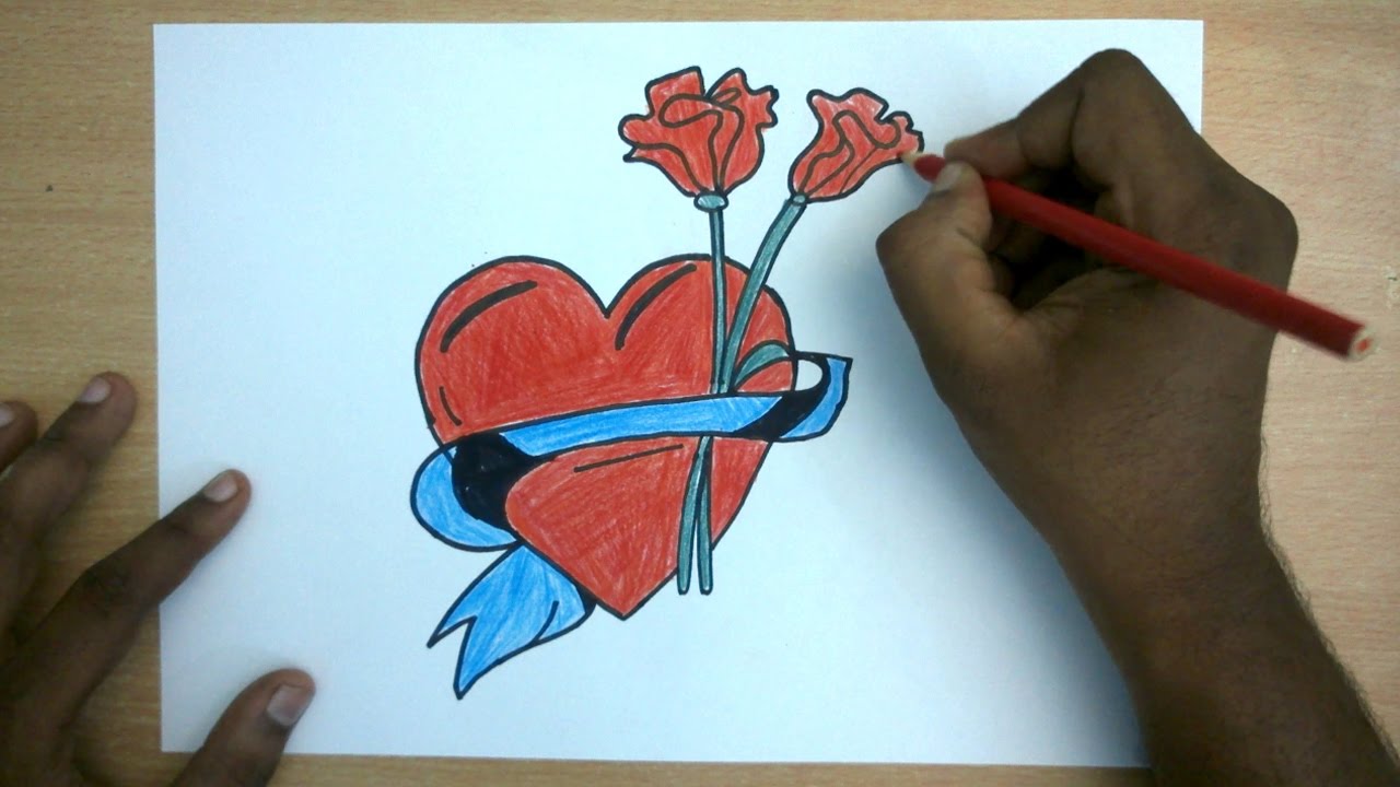 Valentines Day Drawing - How To Draw A Valentines Design - Heart & Rose ...