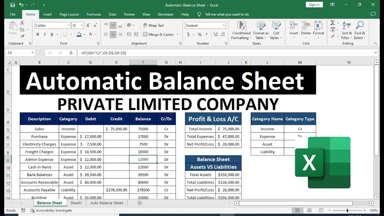 Balance Sheet Format In Excel With Formulas - YouTube