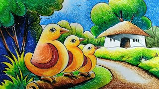 Bird with Nature Drawing / Easy Scenery Drawing/ Village Scenery Drawing