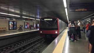 The red line metro arrives at metro station Alameda in Lisbon