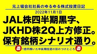 JAL株四半期黒字、JKHD株2Q上方修正。保有銘柄シナリオ通り。