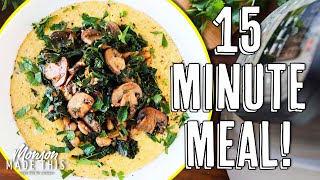 15 Minute Plant-Based Meal: Easy Cheesy Vegan Instant Pot Grits with Mushrooms, Kale, & White Beans