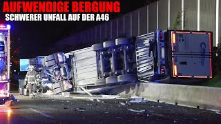 [AUFWENDIGE BERGUNG NACH LKW-UNFALL] - Umgestürzter Sattelzug aufgerichtet ~ Vollsperrung der A46 -