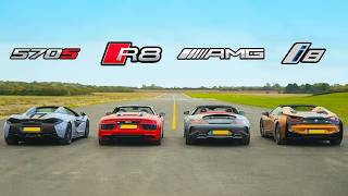 AMG GT C vs Audi R8 vs McLaren 570S vs BMW i8 - Roadsters ROOF, DRAG and ROLLING RACE!