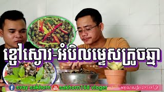 Eating screw to boil in water with kind of dry condiment consisting -ខ្ចៅស្ងោរ..តោះLet's go