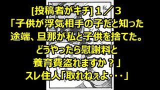 [投稿者がキチ]１／３「子供が浮気相手の子だと知った途端、旦那が私と子供を捨てた。どうやったら慰謝料と養育費盗れますか？」スレ住人「取れねぇよ・・・」メシウマなお話