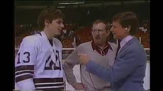 1985 on-ice interviews with HC Jack Peterson and Tod Hartje, 3rd place game, Anoka v Jefferson