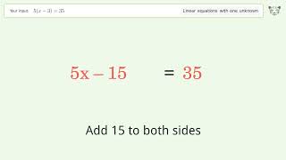 Linear equation with one unknown: Solve 5(x-3)=35 step-by-step solution