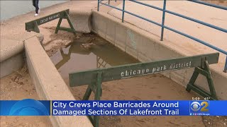 Chicago City Crews Place Barricades Around Damaged Sections Of Lakefront Trail