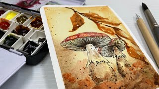 Easy Autumn Mushroom Step By Step Pen & Paint Tips for Beginners