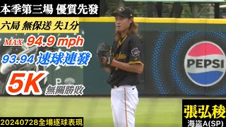 20240728張弘稜(海盜A)先發逐球｜最速94.9mph,飆出5K！優質先發六局失1分！精彩150km以上速球連發,無關勝敗