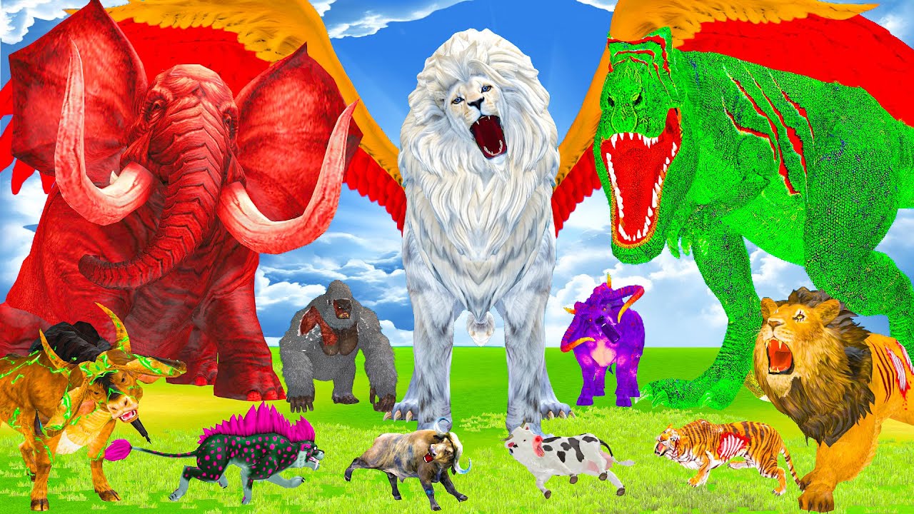 5 Giant Mammoth Elephant Cow Vs 5 Giant Lion Tiger Wolf Attack Buffalo