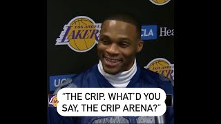 Russell Westbrook Asks Reporter If He Said "Crip Arena" 💀 #Shorts