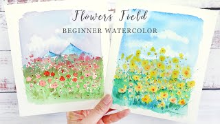 Easy Landscape Watercolor Painting Ideas For Beginner Step By Step - The Field of flowers