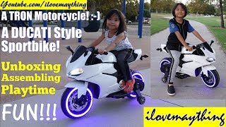 Children's TOY CARS: A White 12 Volts Ride-On Power Wheels Motorcycle Toy Unboxing and Playtime