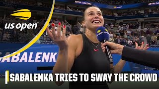 ‘Drinks on me tonight?’ 🥂 Aryna Sabalenka tries to sway the crowd in New York | 2024 US Open