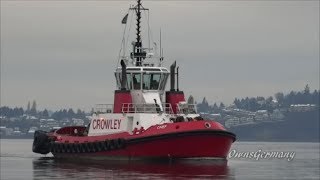 Crowley Tugs Pushing Large Container Ship Into Port of Tacoma