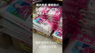 福井県産 華越前(はなえちぜん/福井の早期収穫米銘柄)が出ていて安心です。例年より少し値段が高い様です(10Kg:4,880円、5Kg:2,680円/税別)。福井市内のスーパー、2024年8月25日。