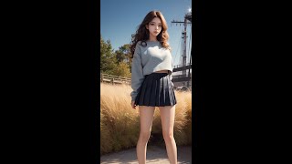 (AI art) Stylish Lookbook | Sweatshirt /Pleated Mini Skirt /Ankle boots /Natural Wave hair