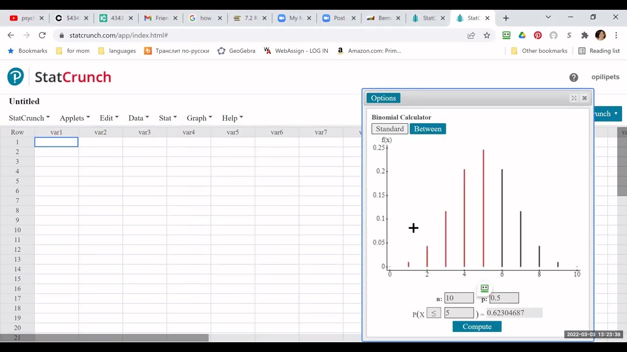 506 Using StatCrunch For Calculating Binomial Probability - YouTube