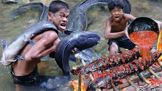Primitive Technology - Cooking biggest fish recipe - Eating delicious