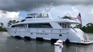 92ft Hatteras Yacht Departing the Wharf at Orange Beach