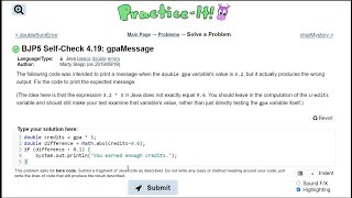 Java Practice It || 4.19 gpaMessage || basics, double, error, if statement