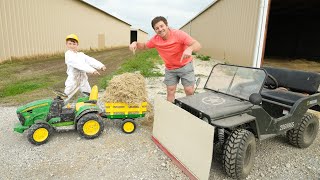 Using Kids Tractor and Truck to Clean Hay Barns