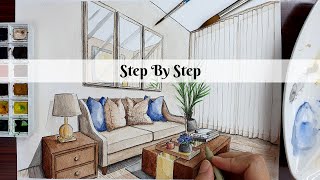 How to Draw A Living Room in Two Point Perspective | Step By Step