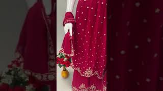 Red colour georgette fabric women's wear readymade salwar kameez sharara suits