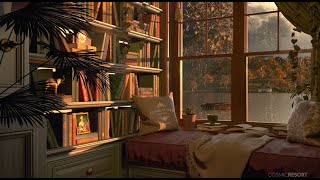 Cozy Reading Nook Ambience with Gentle Rain in the Afternoon overlooking Lake view