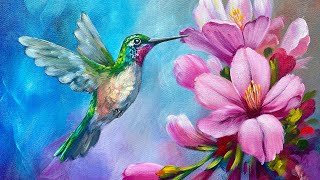 Hummingbird Pink Hibiscus 🌟🎨 How to paint acrylics for beginners: Paint Night at Home