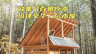 为了远离城市的喧嚣，男人徒手收集六百棵云杉，在野外搭建二层木屋别墅