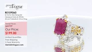 Gems en Vogue 8.72ctw Rectangular Opaque Ruby \u0026 White Zircon Halo Ring RE109060