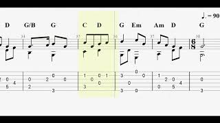 Here We Come A-wassailing with full tablature/sheet music for solo fingerstyle guitar