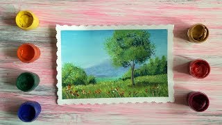 Рисуем гуашью пейзаж с горой и деревом