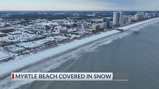 Drone footage of Myrtle Beach covered in snow
