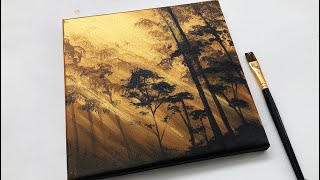 Gold Forest | Easy Acrylic Painting Step by Step for Beginners | Metallic Gold Acrylic Paint