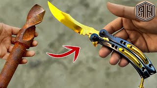 Download Mp3 Rusted Drill Bit Forged into a 24K GOLD Plated BUTTERFLY KNIFE