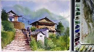 Watercolor Landscape Painting : Ghandruk village