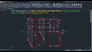 Cylinder axis inclined to V.P. - Projection of Solids