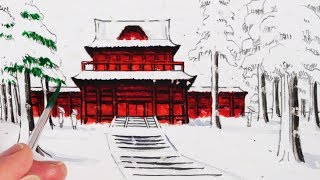 How to Draw a Japanese Temple Building in the Snow