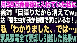 【スカッとする話】月38万義実家に入れていた私に義姉「目障りだから消えてw」姑「寄生虫が我が物顔で家にいるな！」私「わかりました、では…」家具家電全て売却し引越した結果