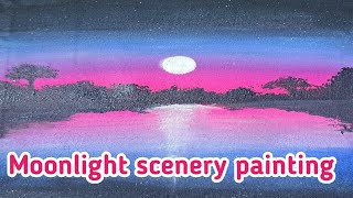 Easy Moonlight painting/ Full moon Acrylic painting/purple & pink moonlight scene#funwithnafeesa