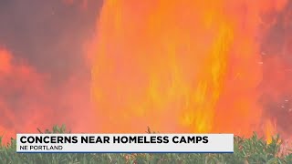 Homeless camp bursts into flames in Northeast Portland